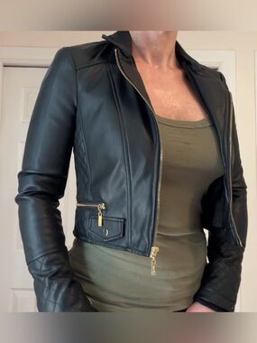 Guess Black Faux Leather Cropped Moto Jacket with Gold Hardware